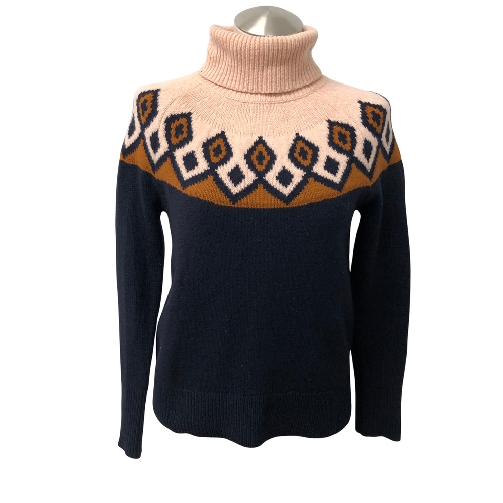 J.Crew Turtleneck Sweater Womens XS Navy Pink Fair Isle Merino Wool Preppy